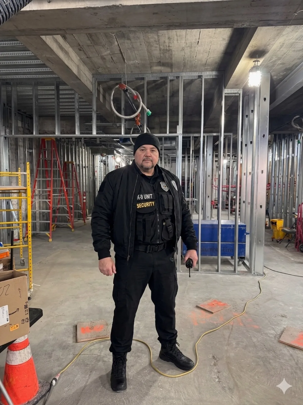 Security officer inside a building under construction