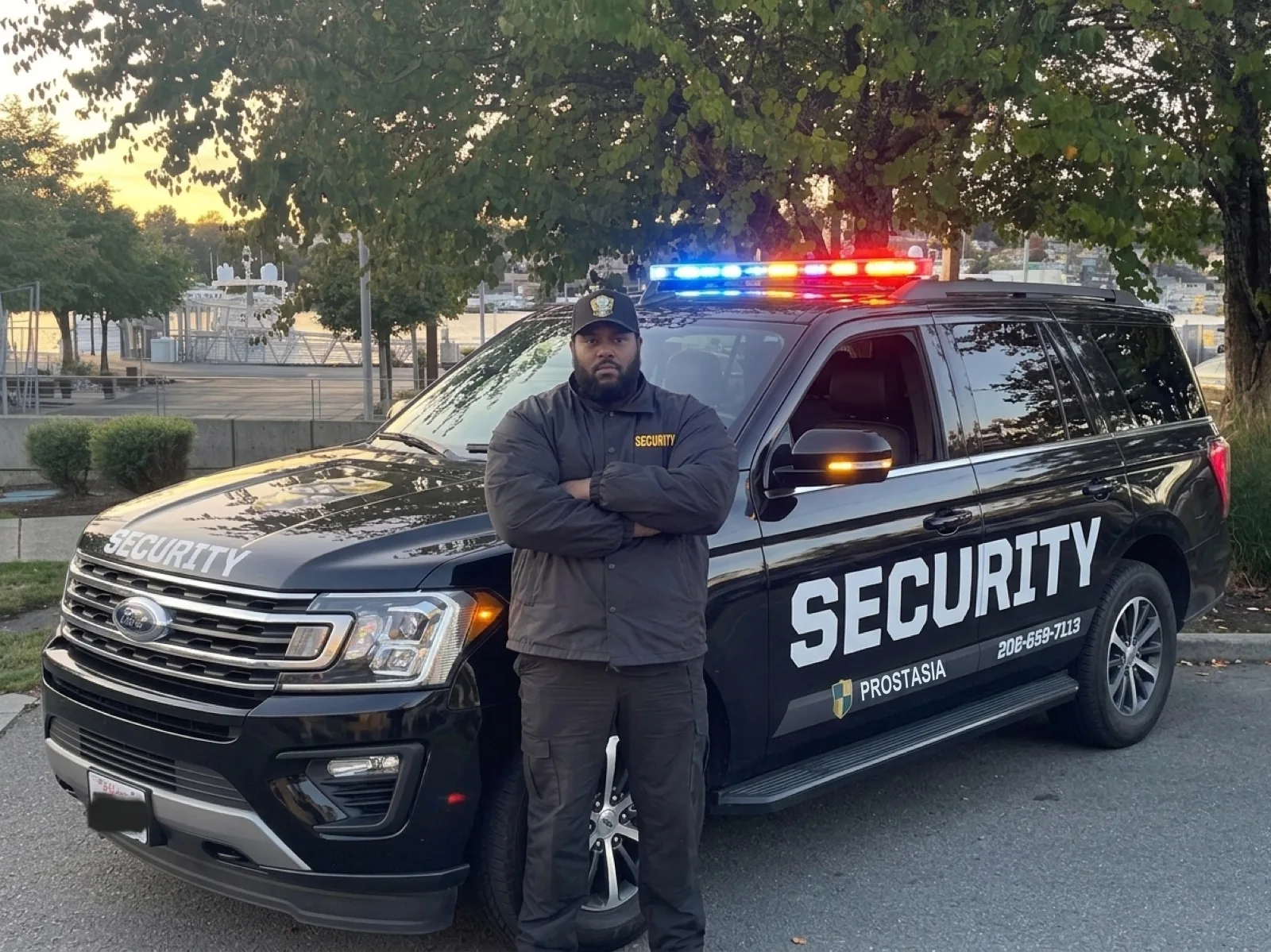 Security officer and marked patrol vehicle